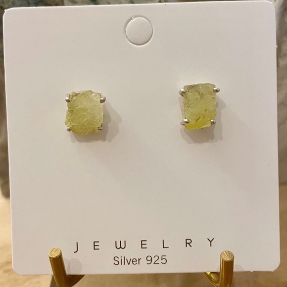 Yellow Brucite Sterling Silver Earrings 925 Dainty Studs - Picture 2 of 6